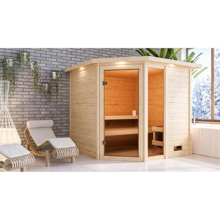 9. Bild von Massivholzsauna 'Tabea' natur 9 kW Ofen mit integrierter Steuerung, Glastür, Fenster, Kranz 224 x 210 x 191 cm