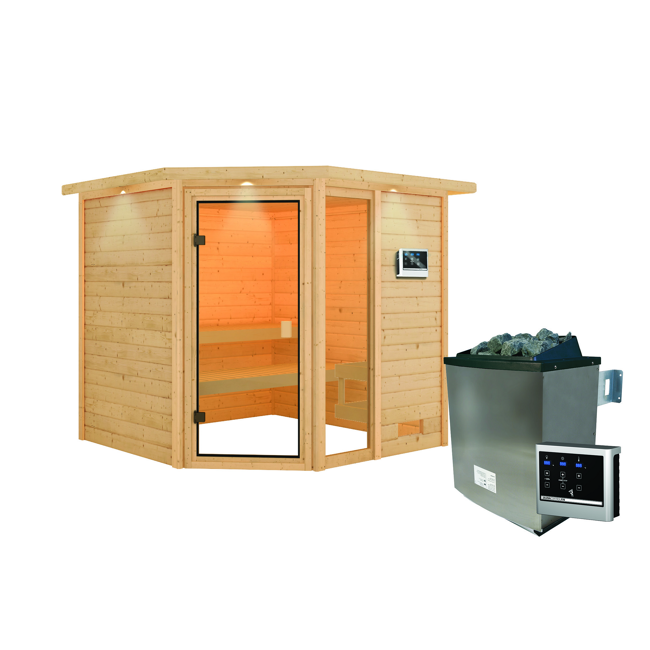 Bild von Massivholzsauna 'Tabea' natur 9 kW Ofen, Steuerung Easy, Glastür, Fenster, Kranz 224 x 210 x 191 cm