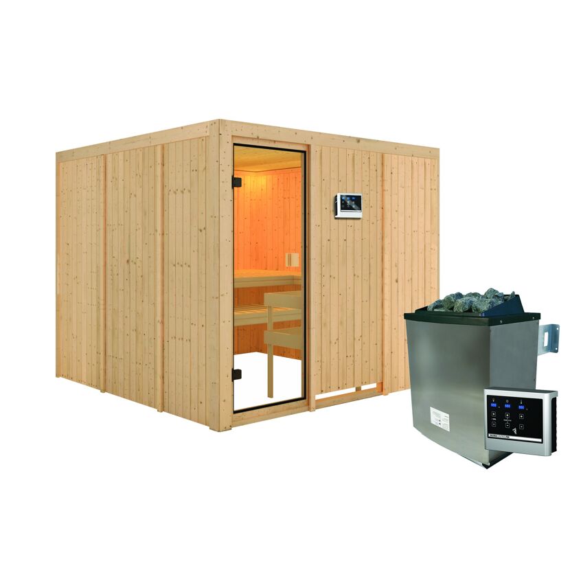 Sauna aus hellem Holz mit Saunaofen