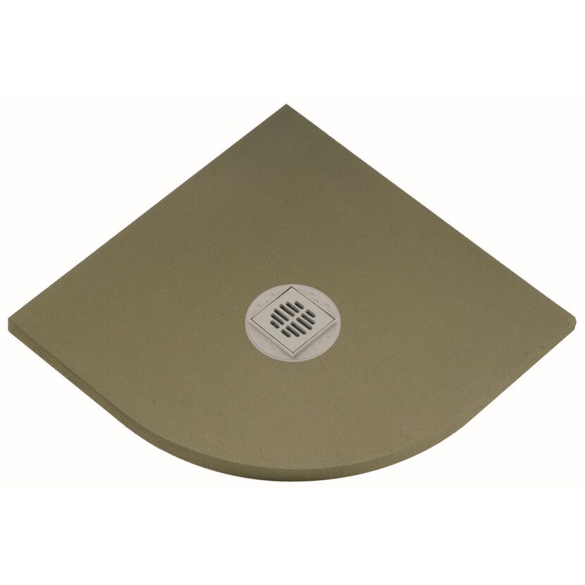 Eckige, beige Duschwanne mit Abfluss.