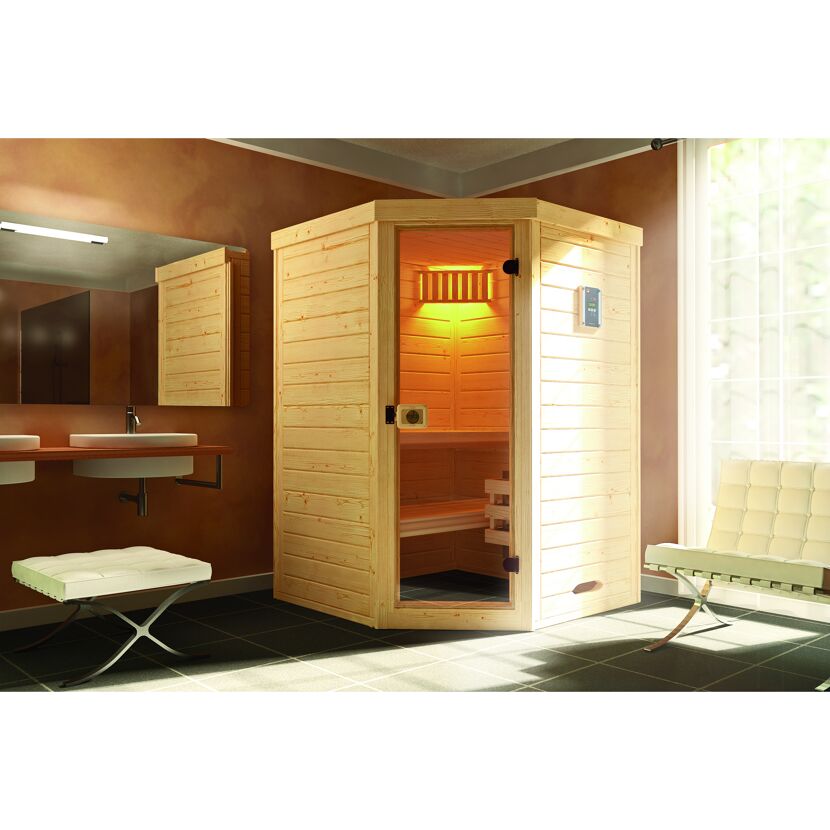 Sauna aus hellem Holz in einem Badezimmer