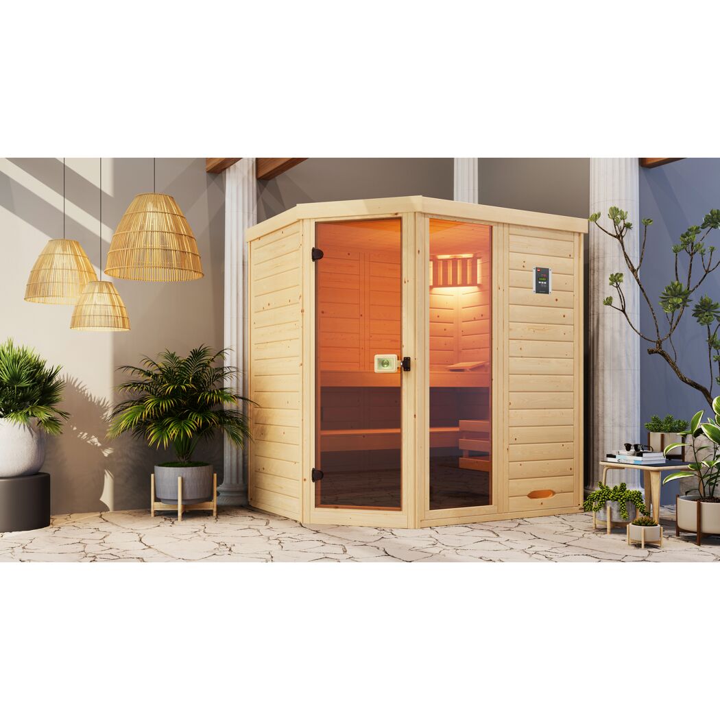 Eck-Sauna aus hellem Holz mit Glastür