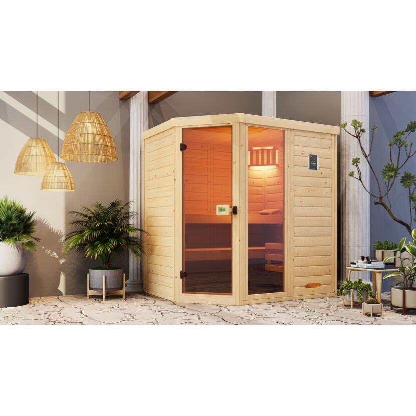 Eck-Sauna aus hellem Holz mit Glastür