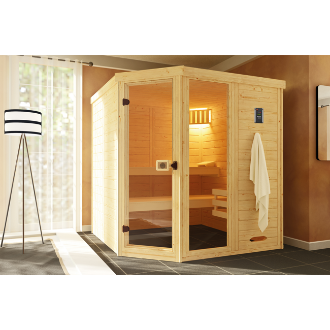 Bild von Massivholz-Elementsauna 'Laukkala 3' mit Glastür, Fenster 186,6 x 186,6 x 200 cm