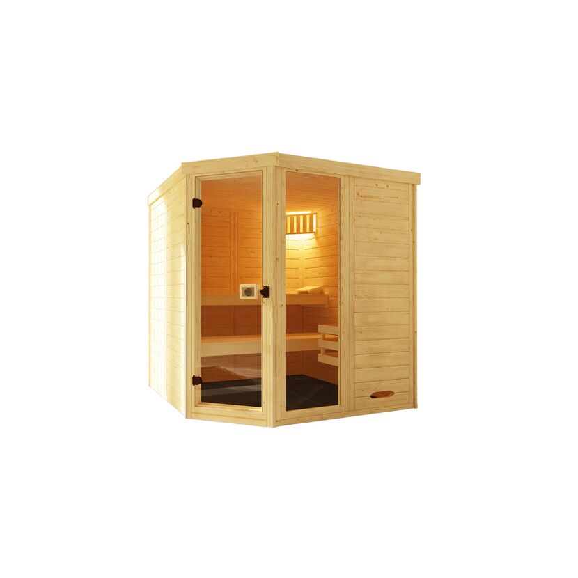 Sauna Laukkala 3 aus hellem Holz mit Glastür