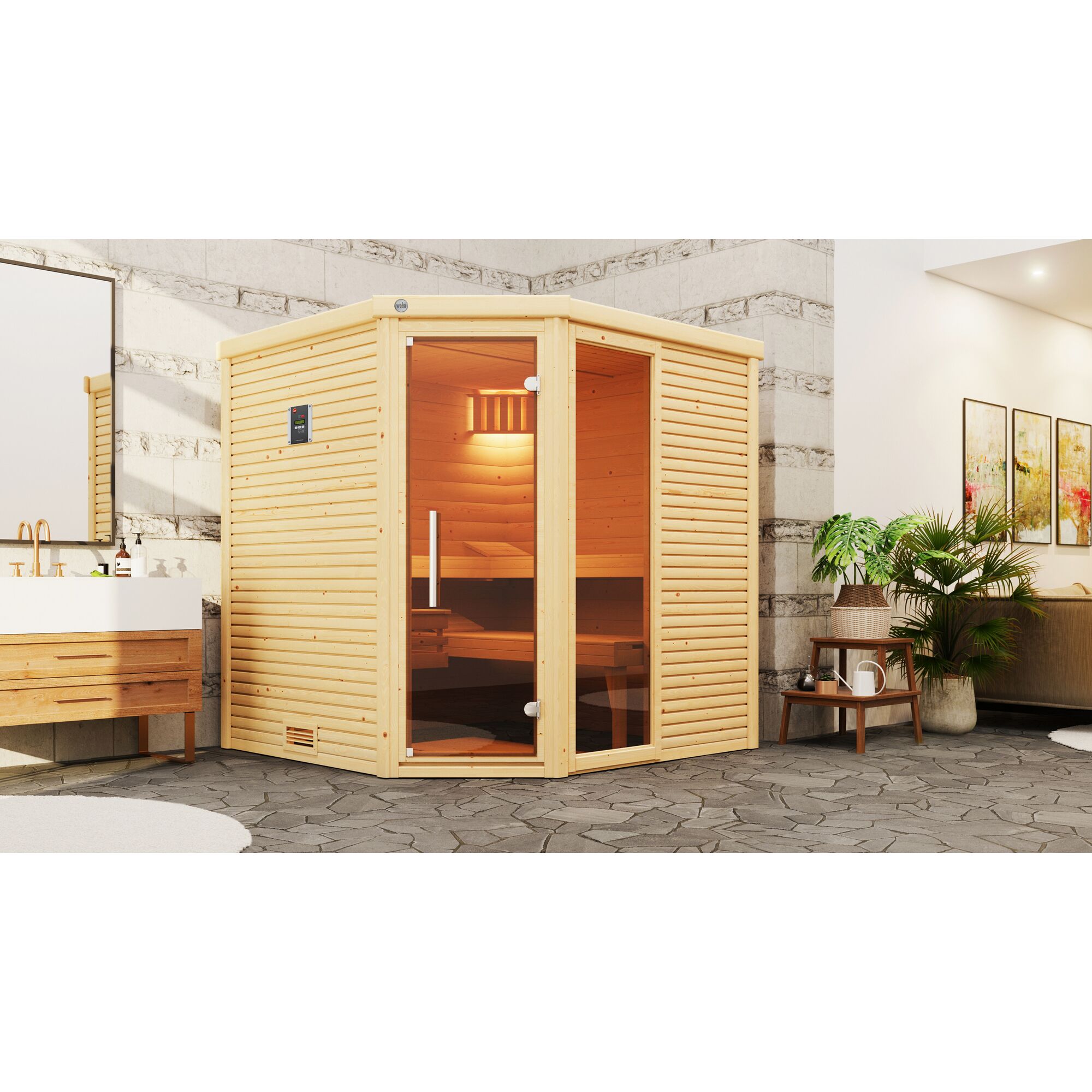 Ecksauna aus hellem Holz mit Glastür