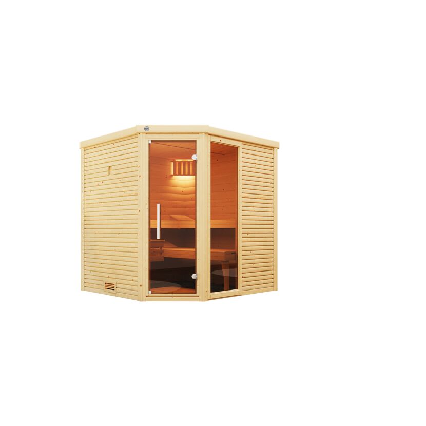 Ecksauna CUBILIS aus hellem Holz mit Glastür