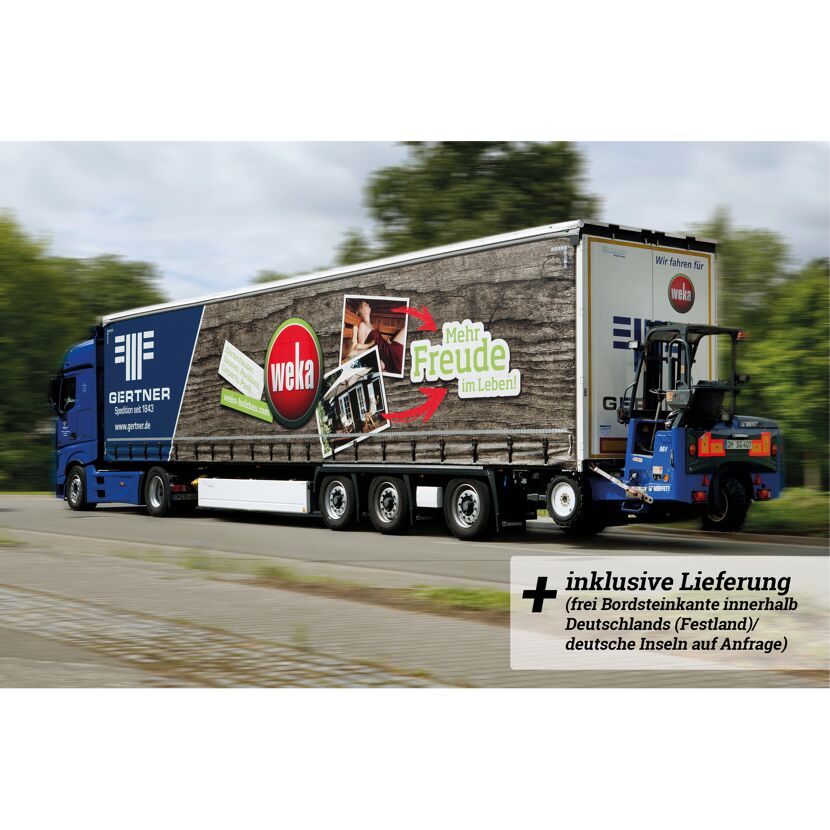LKW mit Werbung für Weka Gartenhäuser
