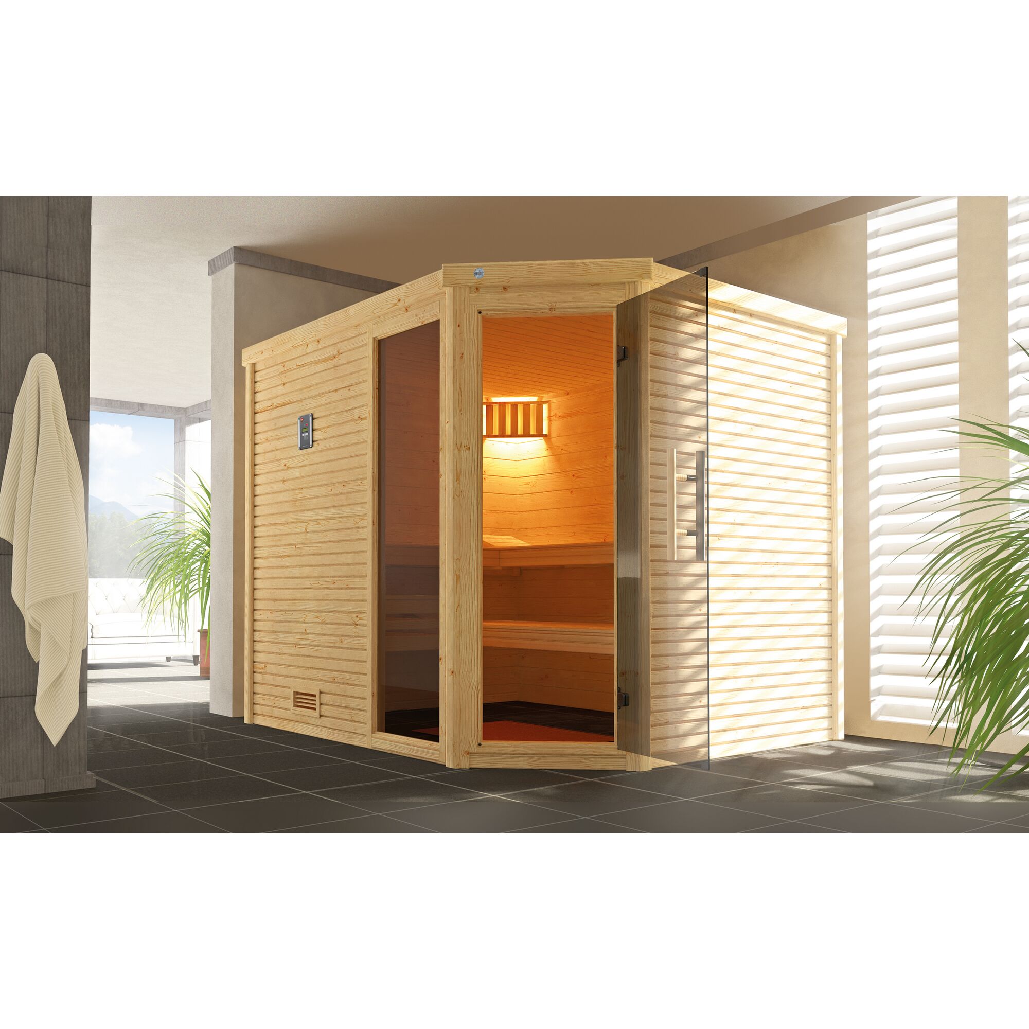Sauna aus hellem Holz mit offener Tür und Beleuchtung im Innenraum.