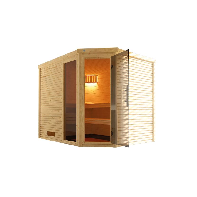 Sauna CUBILIS Gr.3  aus Holz mit offener Tür