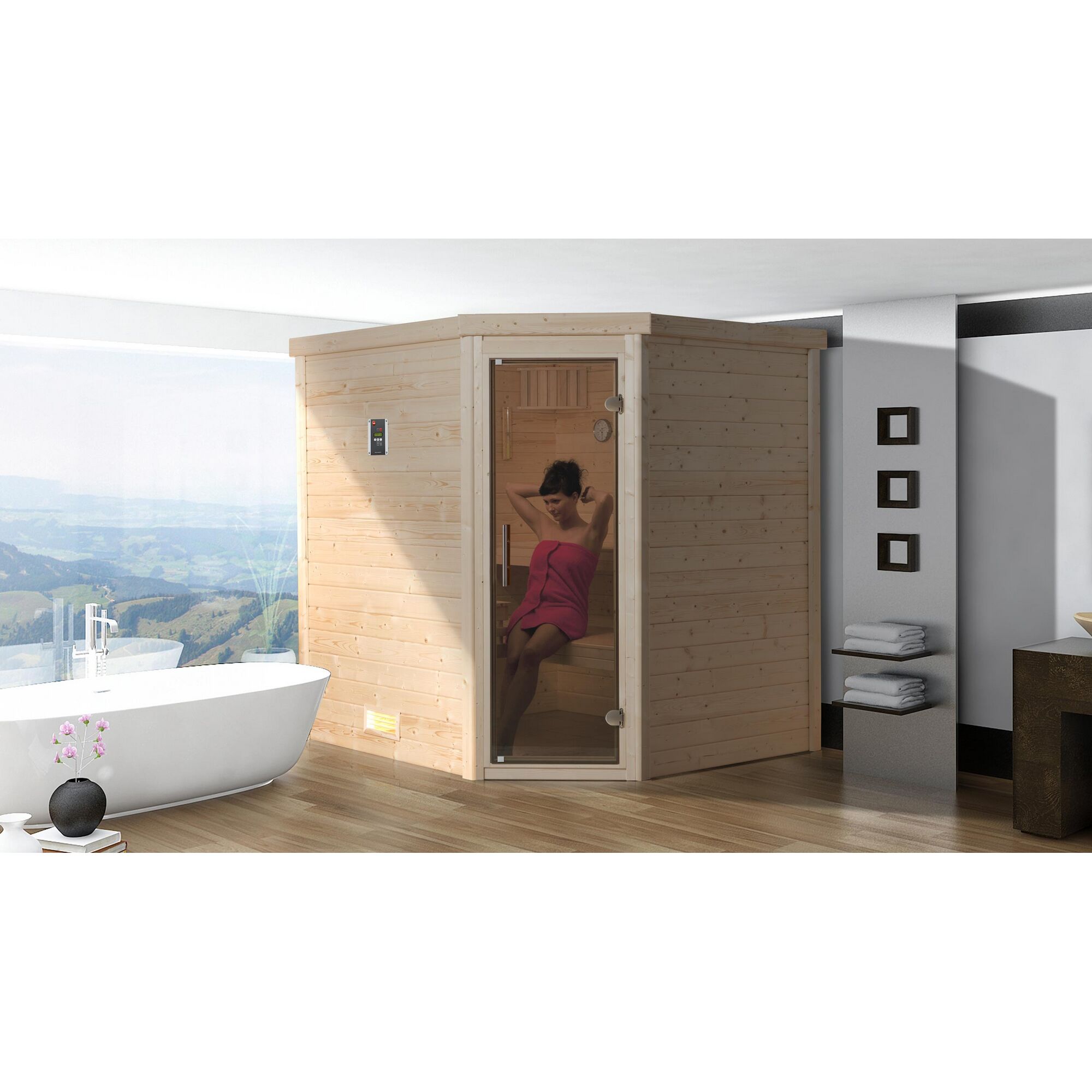 Person entspannt in einer Sauna aus hellem Holz.