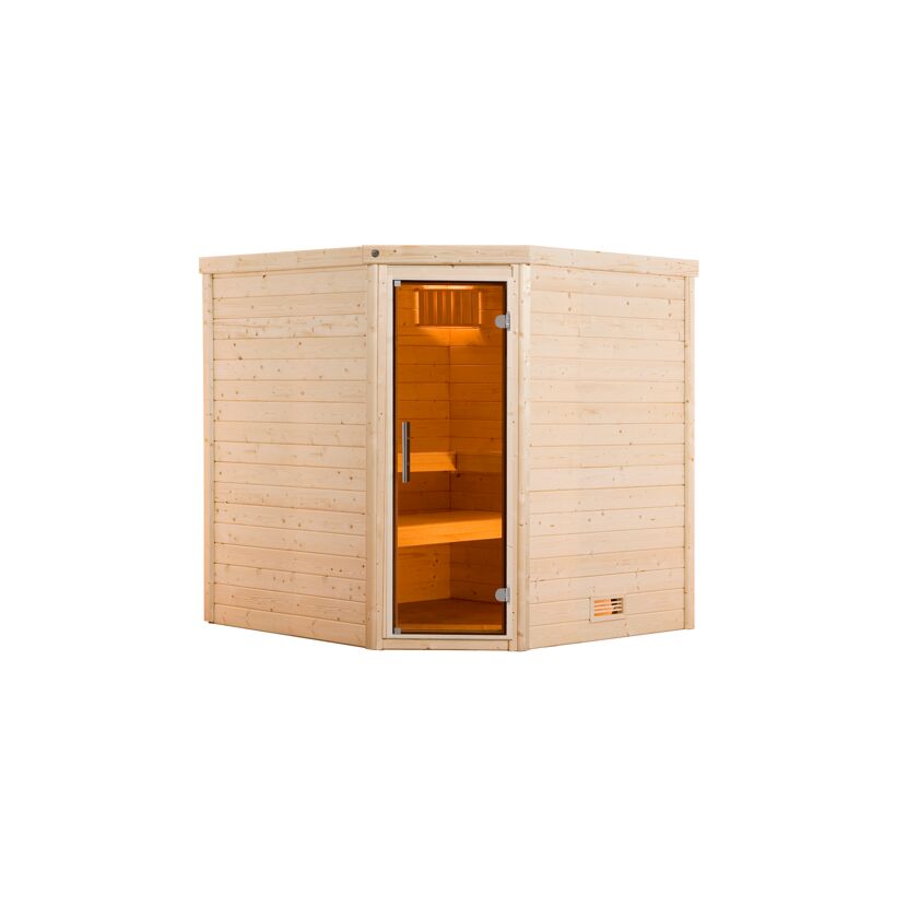 Ecksauna aus hellem Holz mit geöffneter Glastür.