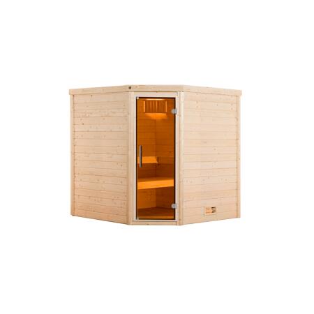 3. Bild von Premium-Massivholzsauna 'Turku 1 Eck' mit 7,5 kW OS-Ofenset, Steuerung, Glastür 188 x 171 x 205 cm