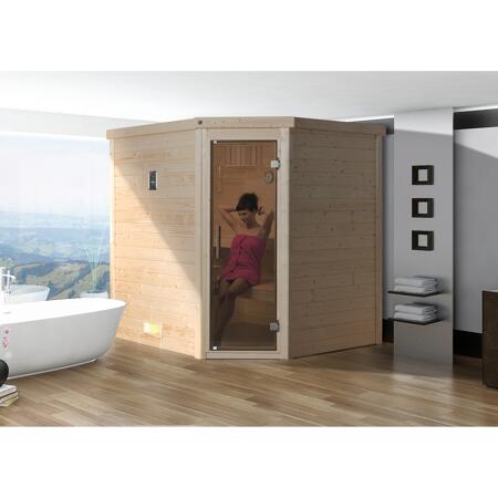 2. Bild von Premium-Massivholzsauna 'Turku 1' 195 x 178 x 205 cm mit Glastür, Leuchtenset und 7,5 kW BioS-Ofenset