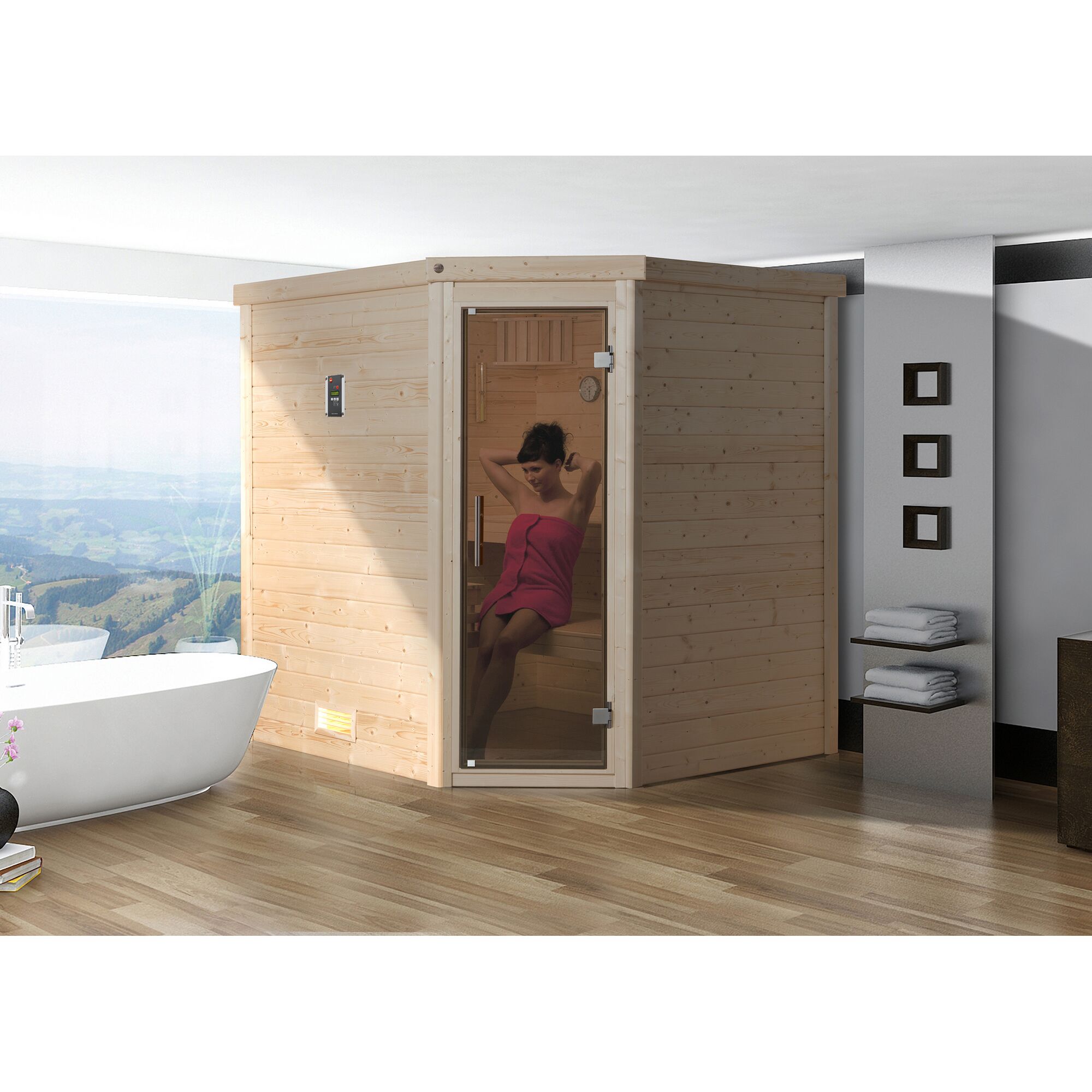 Person entspannt in einer Sauna aus hellem Holz.
