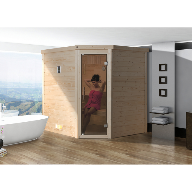 Bild von Premium-Massivholzsauna 'Turku 1' 195 x 178 x 205 cm mit Glastür, Leuchtenset und 7,5 kW BioS-Ofenset