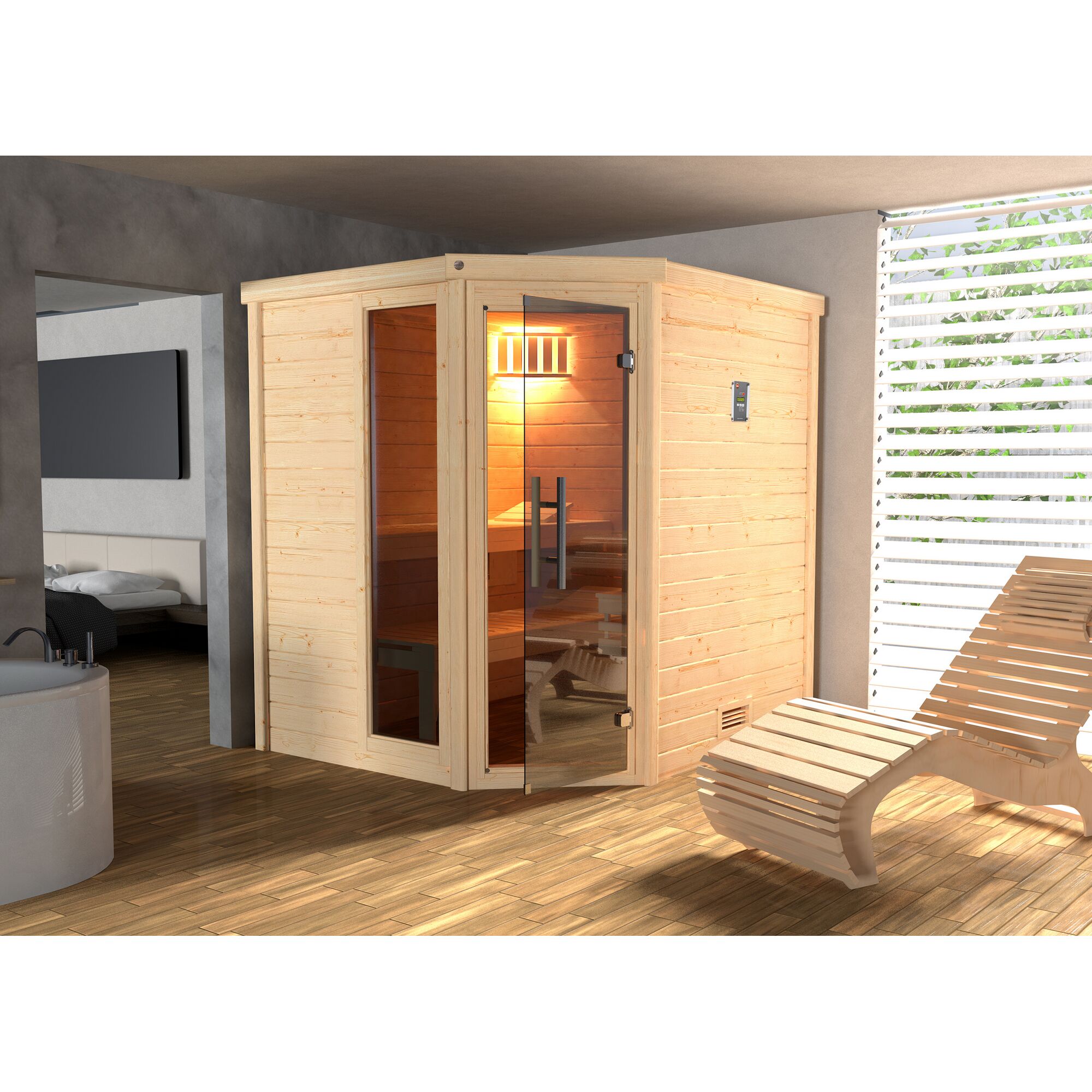Ecksauna aus hellem Holz mit Glastür