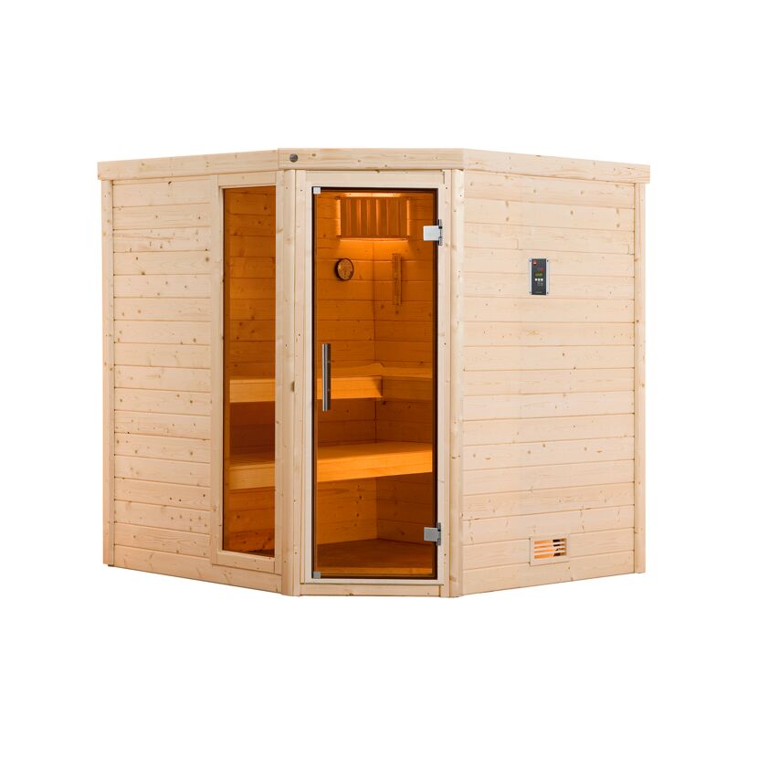 Eck-Sauna aus hellem Holz mit Glastür