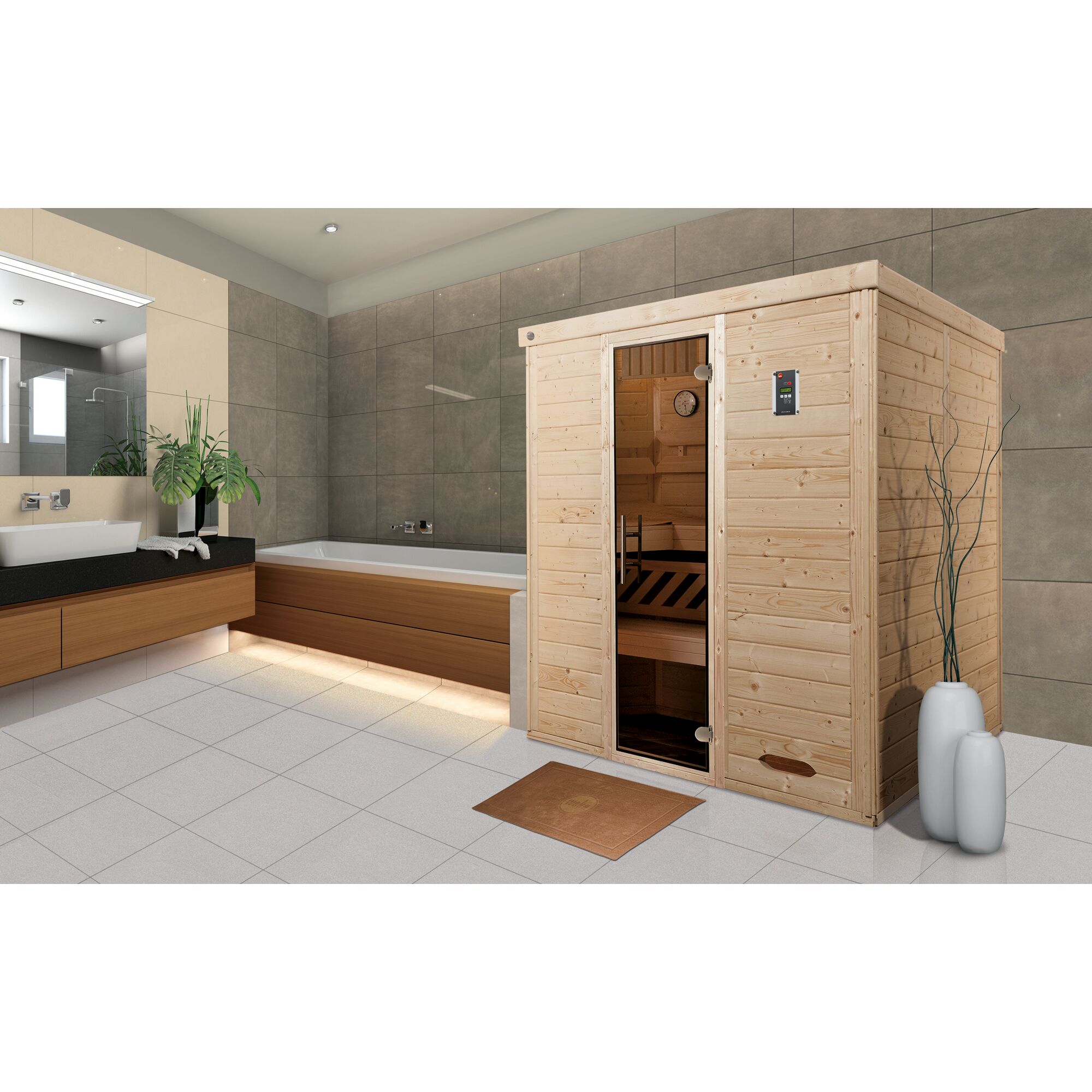 Sauna aus hellem Holz in einem Badezimmer.