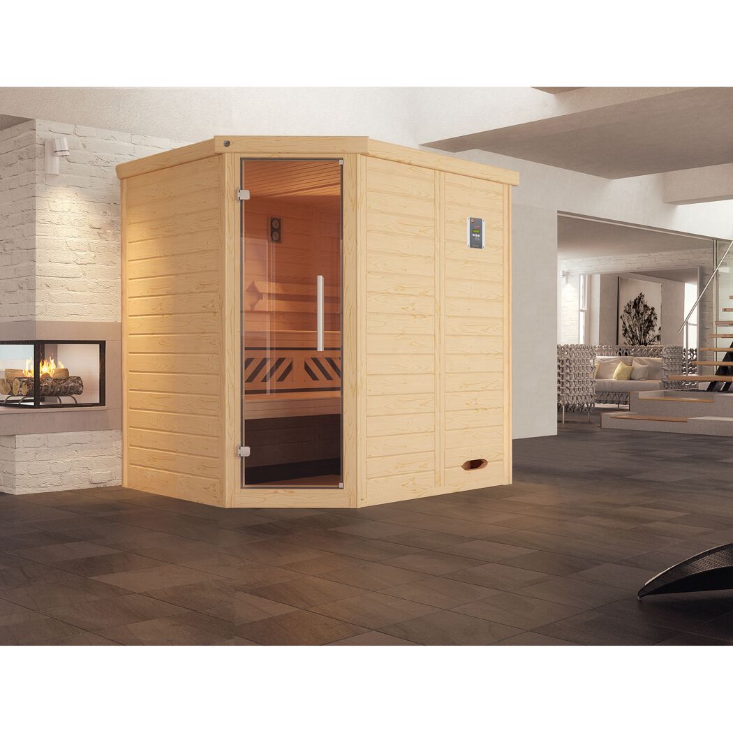 Eck-Sauna aus hellem Holz mit Glastür.