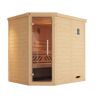 Eck-Sauna aus hellem Holz mit Glastür