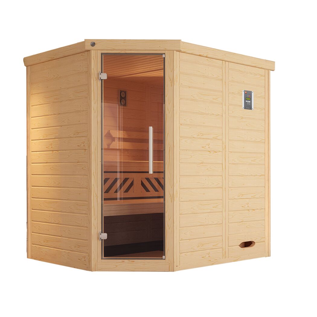 Eck-Sauna aus hellem Holz mit Glastür