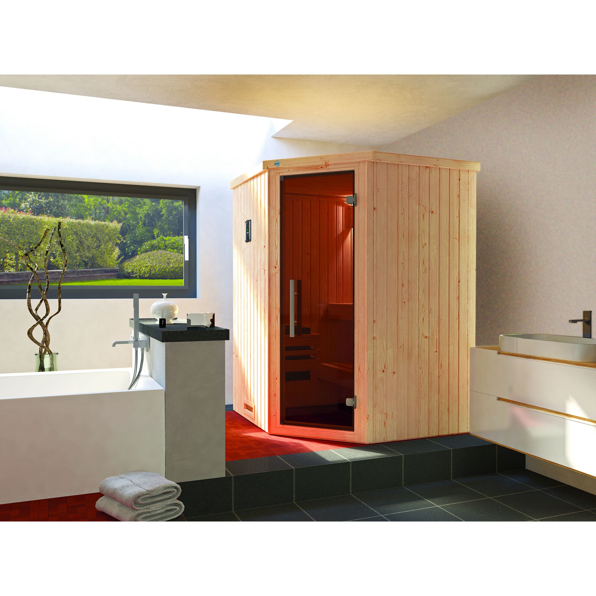 Eck-Sauna aus hellem Holz in einem Badezimmer.