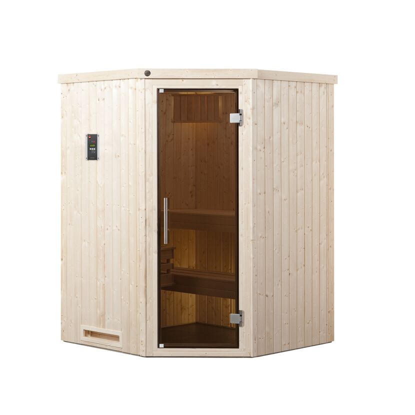 Eck-Sauna aus hellem Holz mit geöffneter Tür.