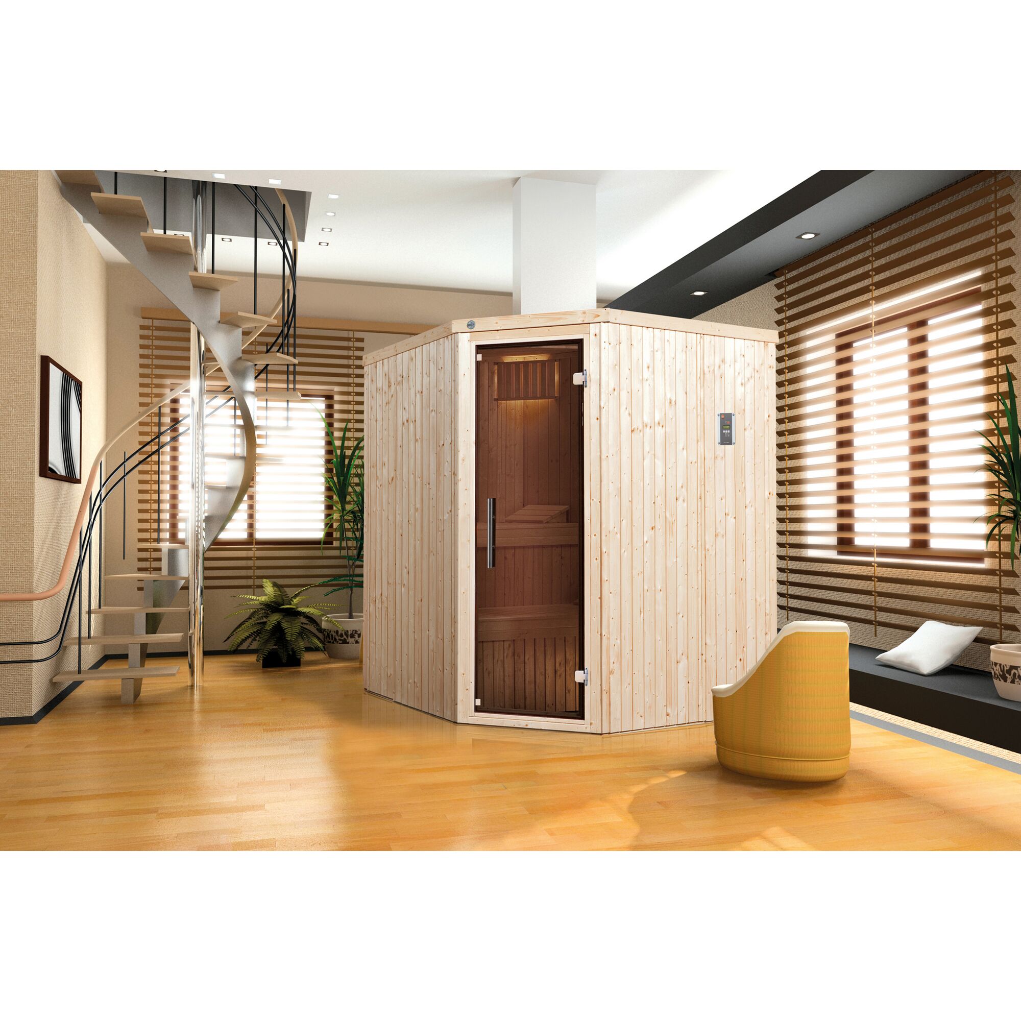 EL-Sauna KIRUNA 2 in einem Raum mit Wendeltreppe
