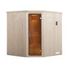 Eck-Sauna aus hellem Holz mit geöffneter Tür.