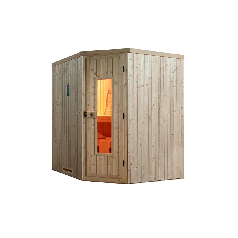 Ecksauna aus hellem Holz mit Tür und Fenster.