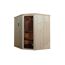 Ecksauna aus hellem Holz mit geöffneter Glastür.