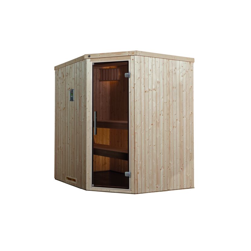 Ecksauna aus hellem Holz mit geöffneter Glastür.