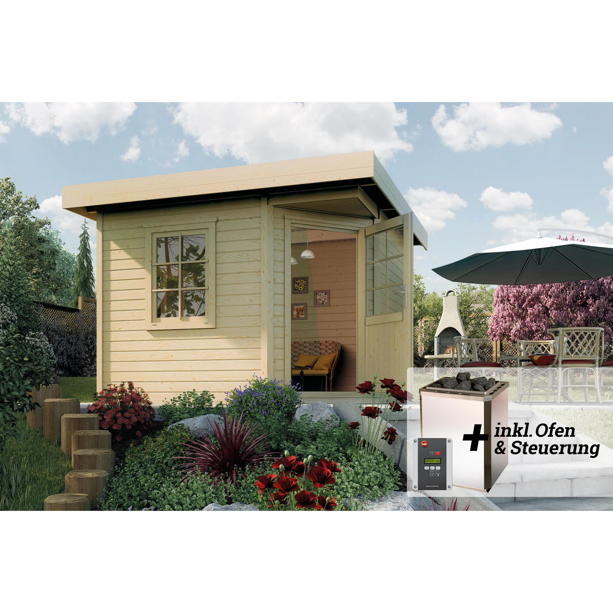 Gartenhaus-Sauna SALO mit Saunaofen und Steuerung