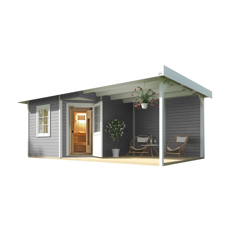 Graue Sauna mit weißer Überdachung und Terrasse