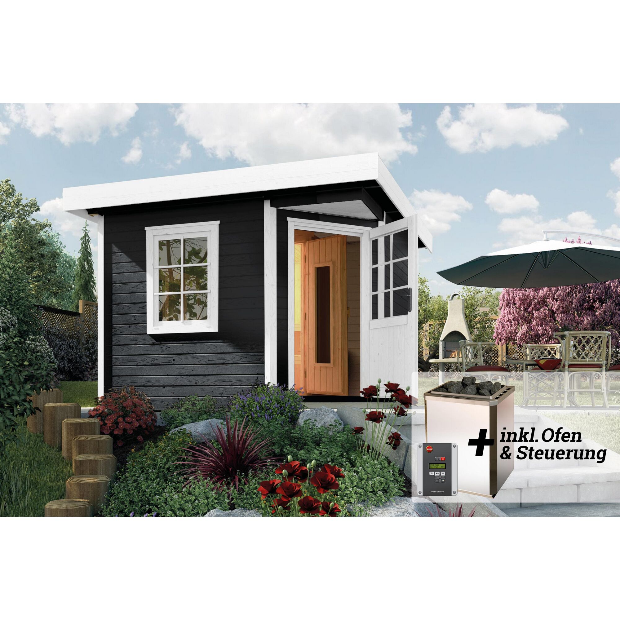 Schwarze Sauna im Garten mit Saunaofen