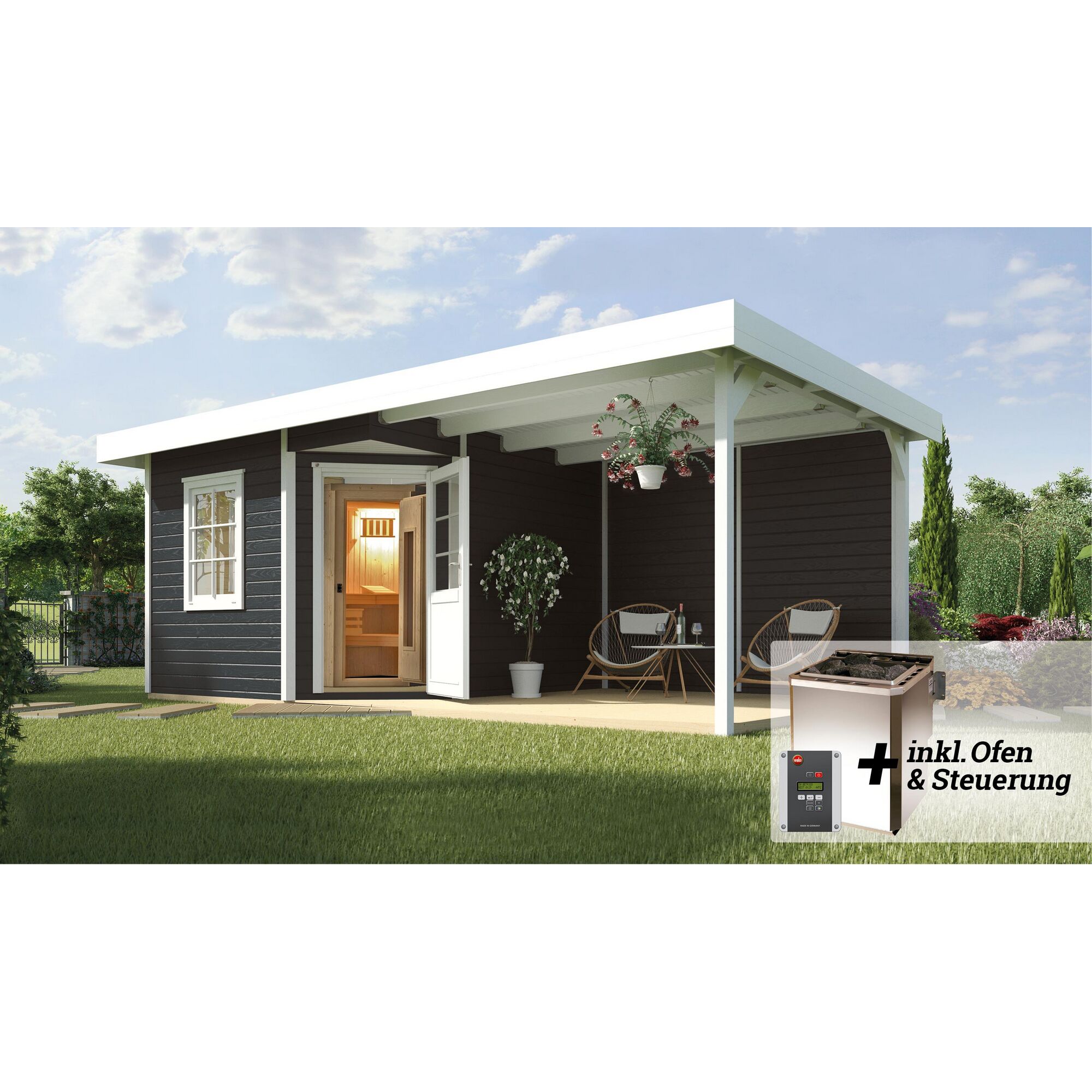 Gartenhaus mit Sauna und Terrasse, inkl. Ofen