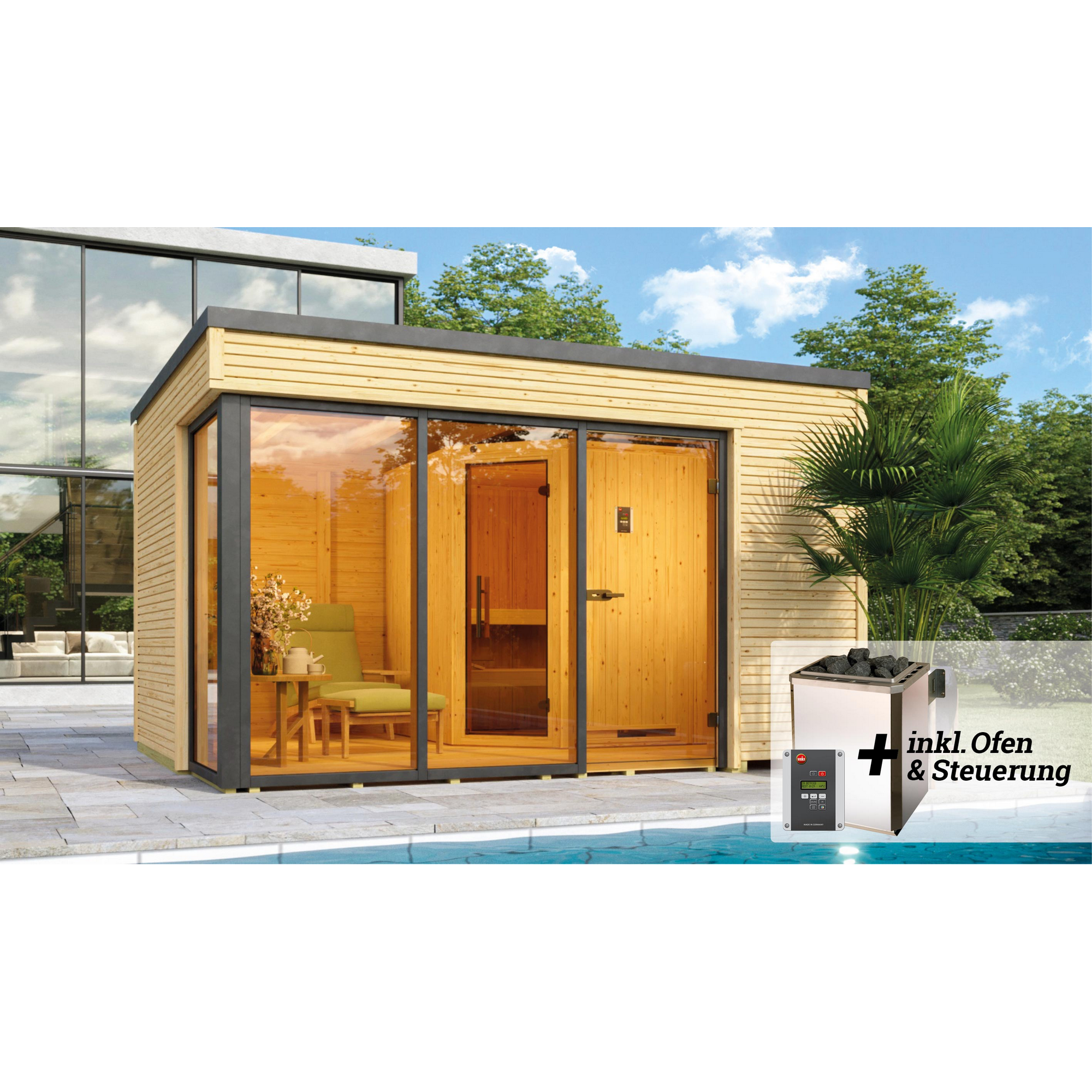 Design-Saunahaus 'Cubilis' mit Sauna Varberg 3 und 7,5 kW OS-Ofenset, Steuerung 380 x 300 x 249 cm + product picture