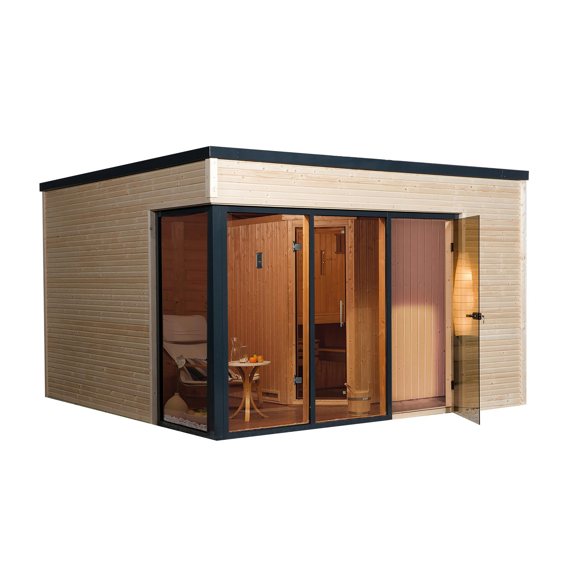 Design-Saunahaus 'Cubilis' mit Sauna Varberg 3 und 7,5 kW OS-Ofenset, Steuerung 380 x 300 x 249 cm + product picture