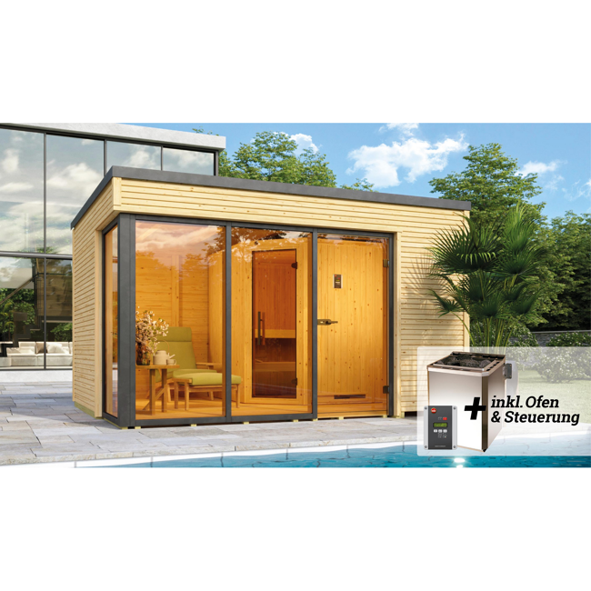 Bild von Design-Saunahaus 'Cubilis' mit Sauna Varberg 3 und 7,5 kW BioS-Ofenset, Steuerung 380 x 300 x 249 cm