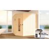 Sauna aus hellem Holz mit Ofen und Steuerung