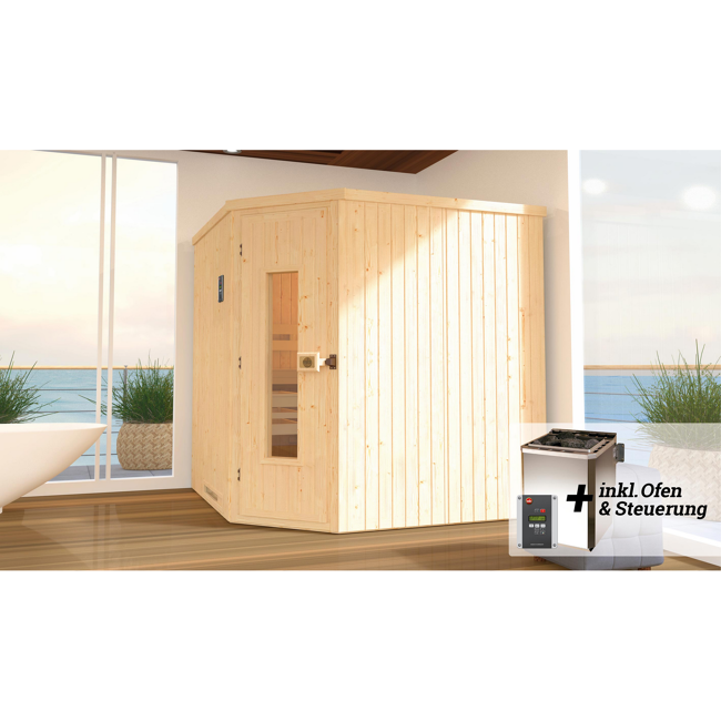 Bild von Elementsauna 'Varberg 3' mit 7,5 kW BioS-Ofenset, Steuerung, Massivholztür 192 x 192 x 199 cm