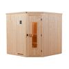 Ecksauna aus hellem Holz mit geöffneter Tür.