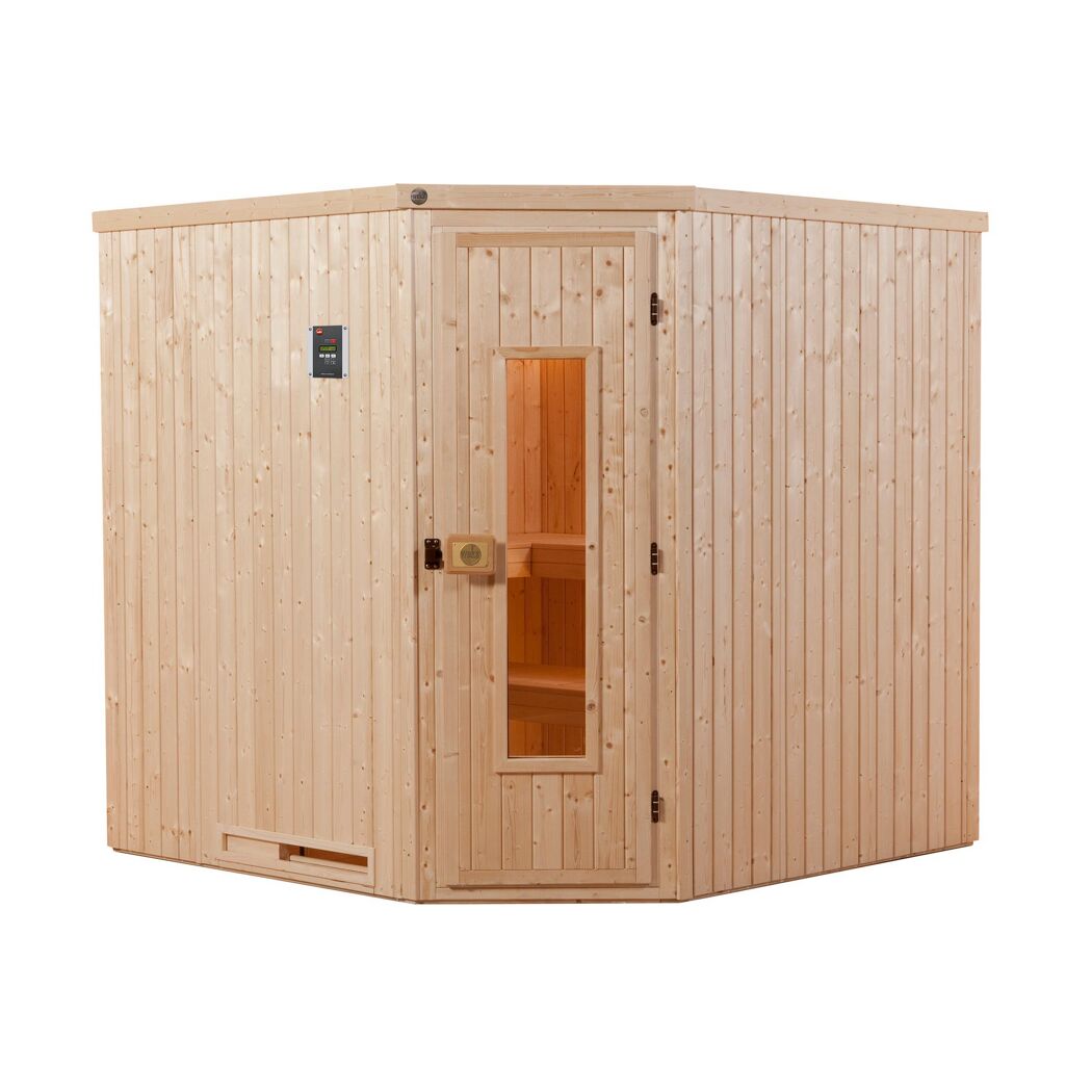 Ecksauna aus hellem Holz mit geöffneter Tür.