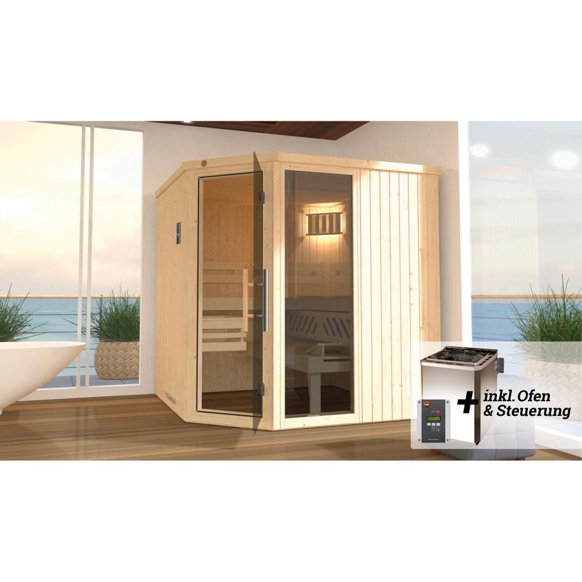 Ecksauna aus hellem Holz mit Saunaofen