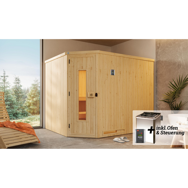 Bild von Elementsauna 'Varberg 4' mit 7,5 kW BioS-Ofenset, Steuerung, Massivholztür 242 x 192 x 199 cm