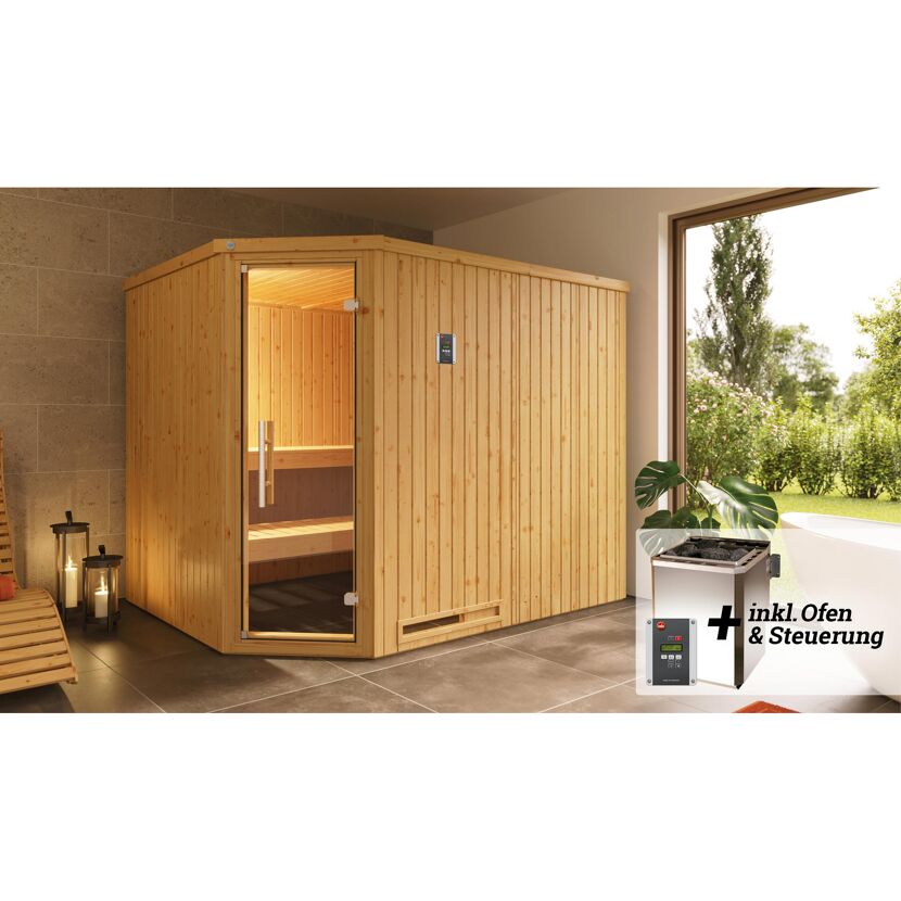 Sauna aus Holz mit Ofen und Steuerung