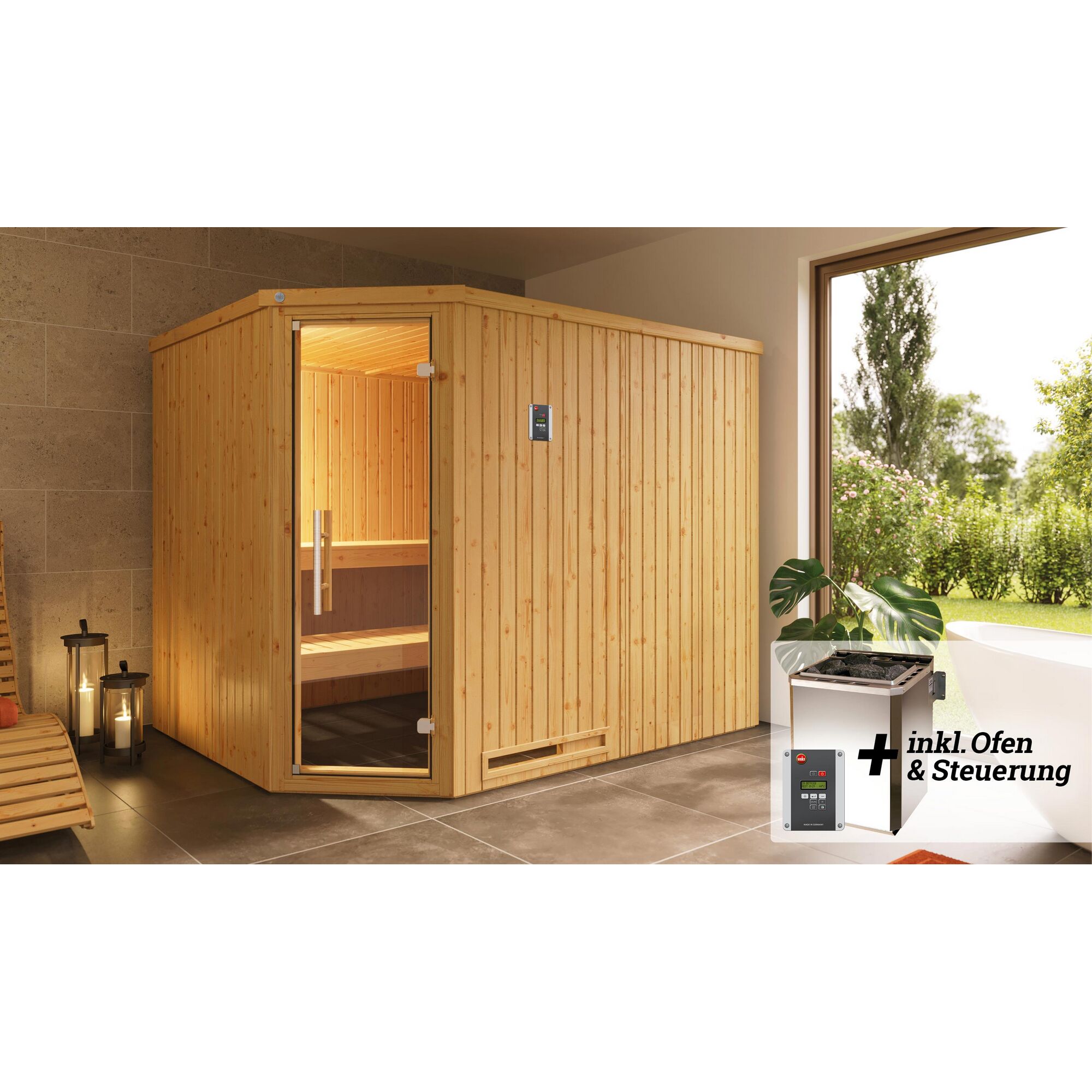 Sauna aus Holz mit Ofen und Steuerung