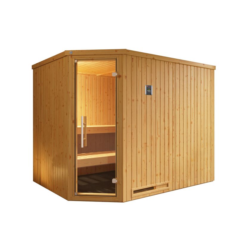 Außenansicht einer Sauna aus Holz mit geöffneter Tür.