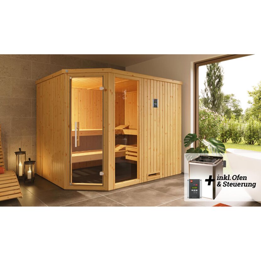 Ecksauna aus Holz mit Saunaofen und Steuerung